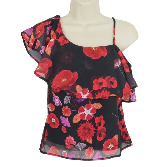 GUESS Womens Extra Small XS Red Flower Floral Ruffle Shoulder Tank Top Shirt - Picture 1 of 9